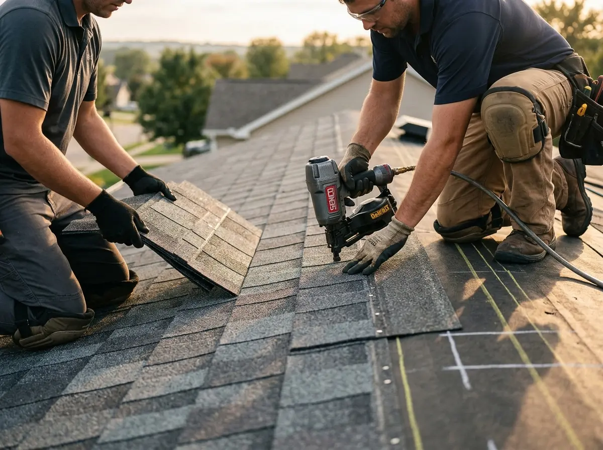Professional roofer working on a residential roof in Kensington